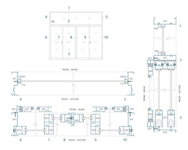 Sơ đồ lắp đặt và mặt cắt cửa sổ lùa nhôm kính hệ 70