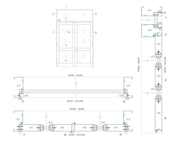 Sơ đồ lắp đặt và mặt cắt cửa đi mở hệ 34