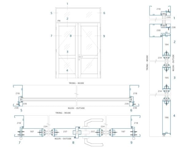 Sơ đồ lắp đặt và mặt cắt cửa đi mở hệ LV39