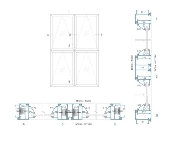 Sơ đồ lắp đặt & mặt cắt cửa sổ bật nhôm kính hệ 38