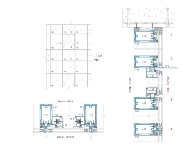 Sơ đồ lắp đặt và mặt cắt mặt dựng nhôm kính hệ 100